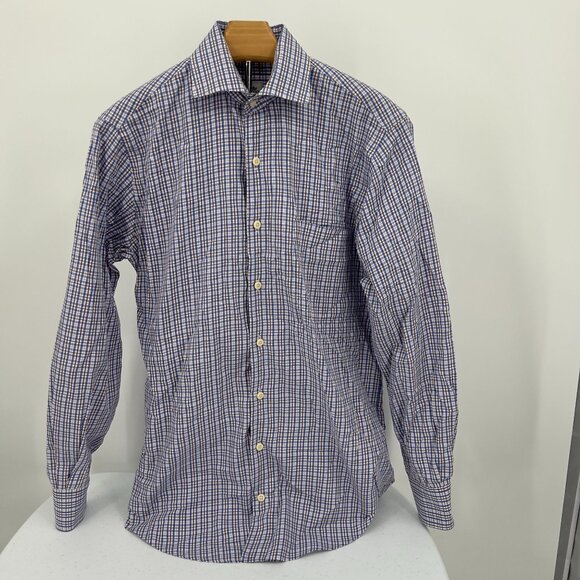 Peter Millar Mens Button-Down Shirt Small Blue Brown Checkered Long Sleeve 100% - Picture 2 of 8